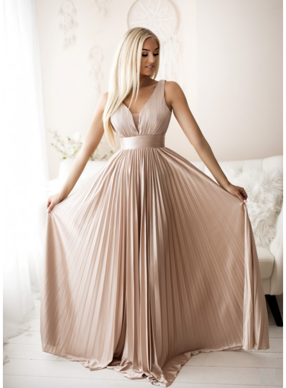 Maxi pudrovoružové plisované šaty