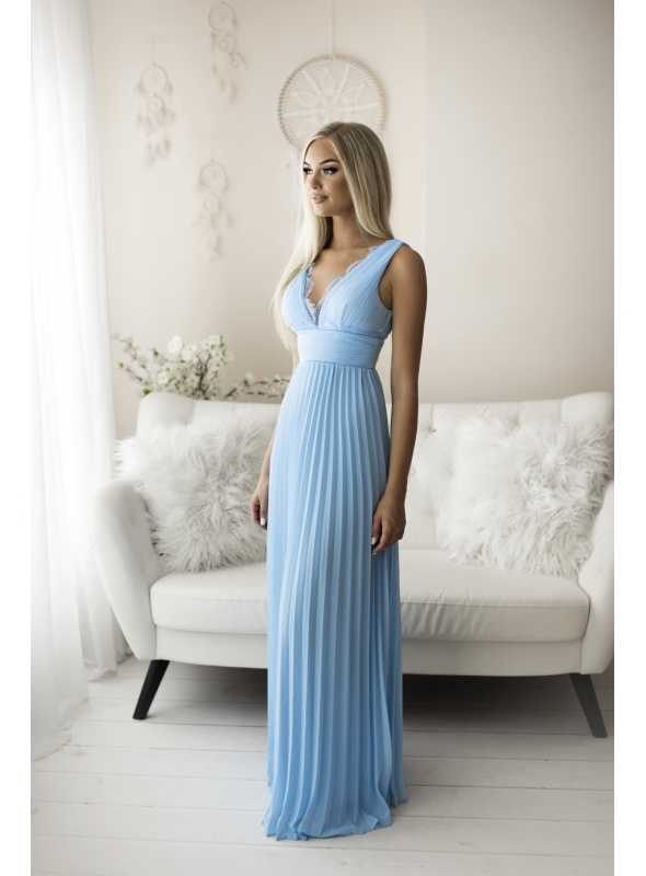 Natalie - maxi šaty s čipkou a plisovaním modré - S