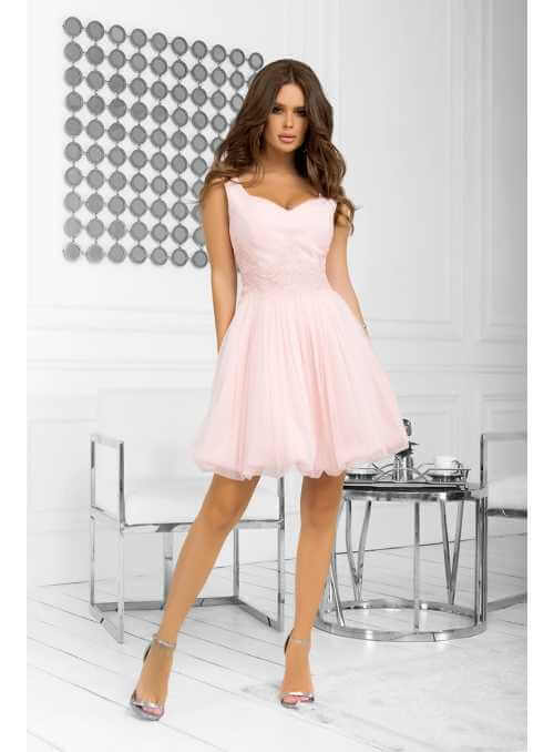 QUEEN - mini šaty s čipkou a padavou sukňou, ružové
